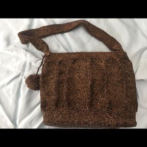 Gorgeous vintage bronze beaded evening bag—prob 60+ yrs — Pom Pom zipper pull—